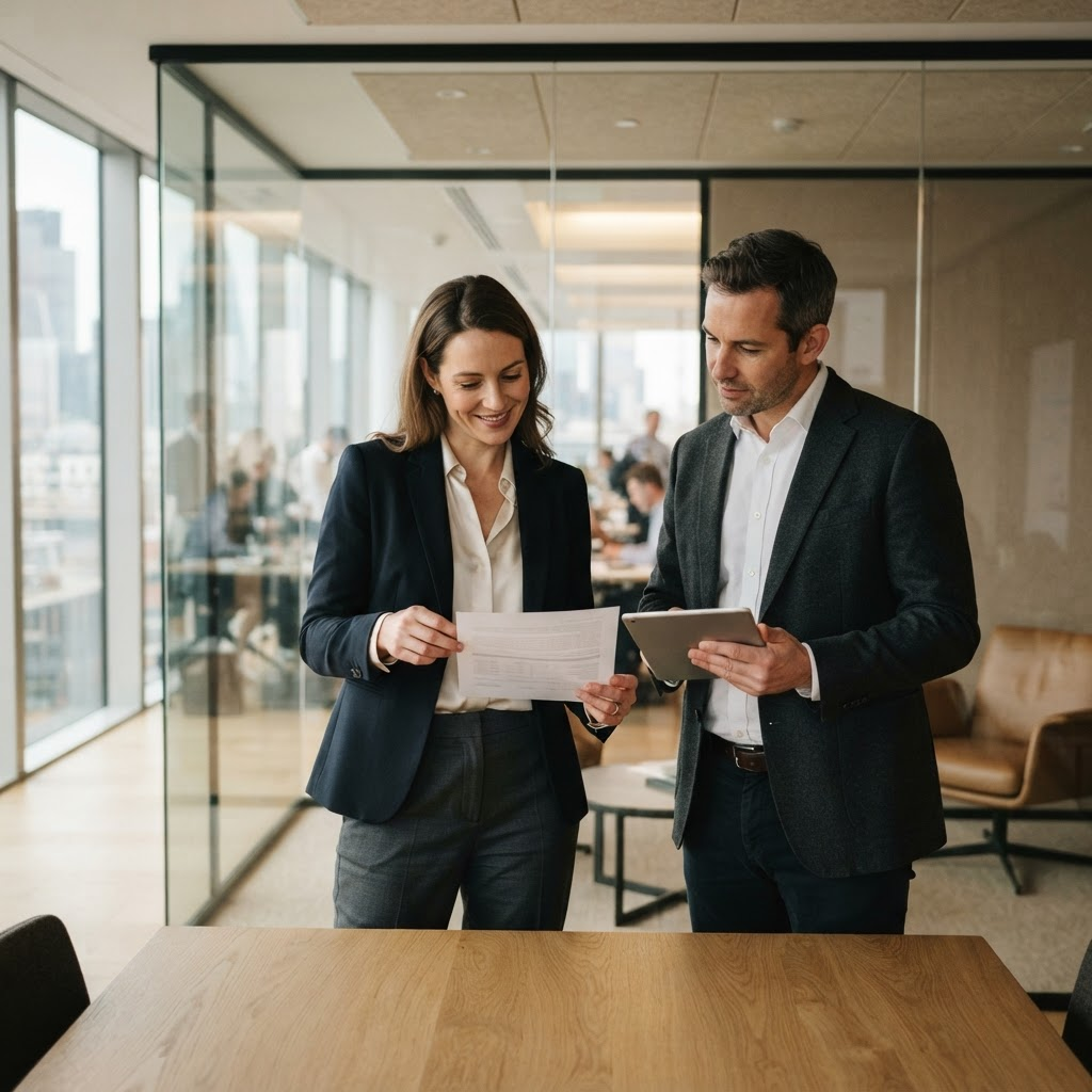 Financial services professionals reviewing reports together in a modern office