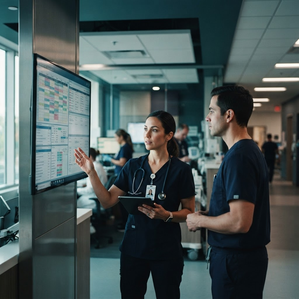 Clinical staff coordinating patient and administrative data at a shared workstation