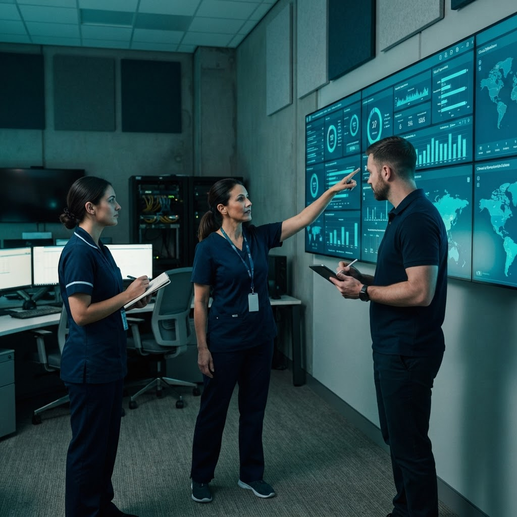 Clinical operations team reviewing dashboards together in a control room