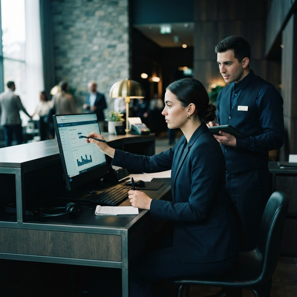 Hospitality team reviewing guest and operations data at a front desk