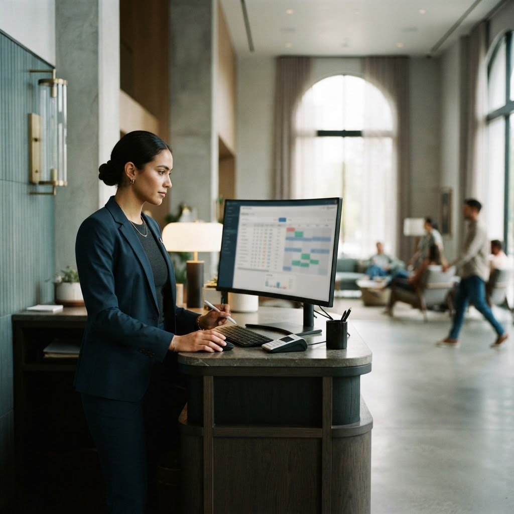 Hotel front desk operations with a property management workstation showing room activity