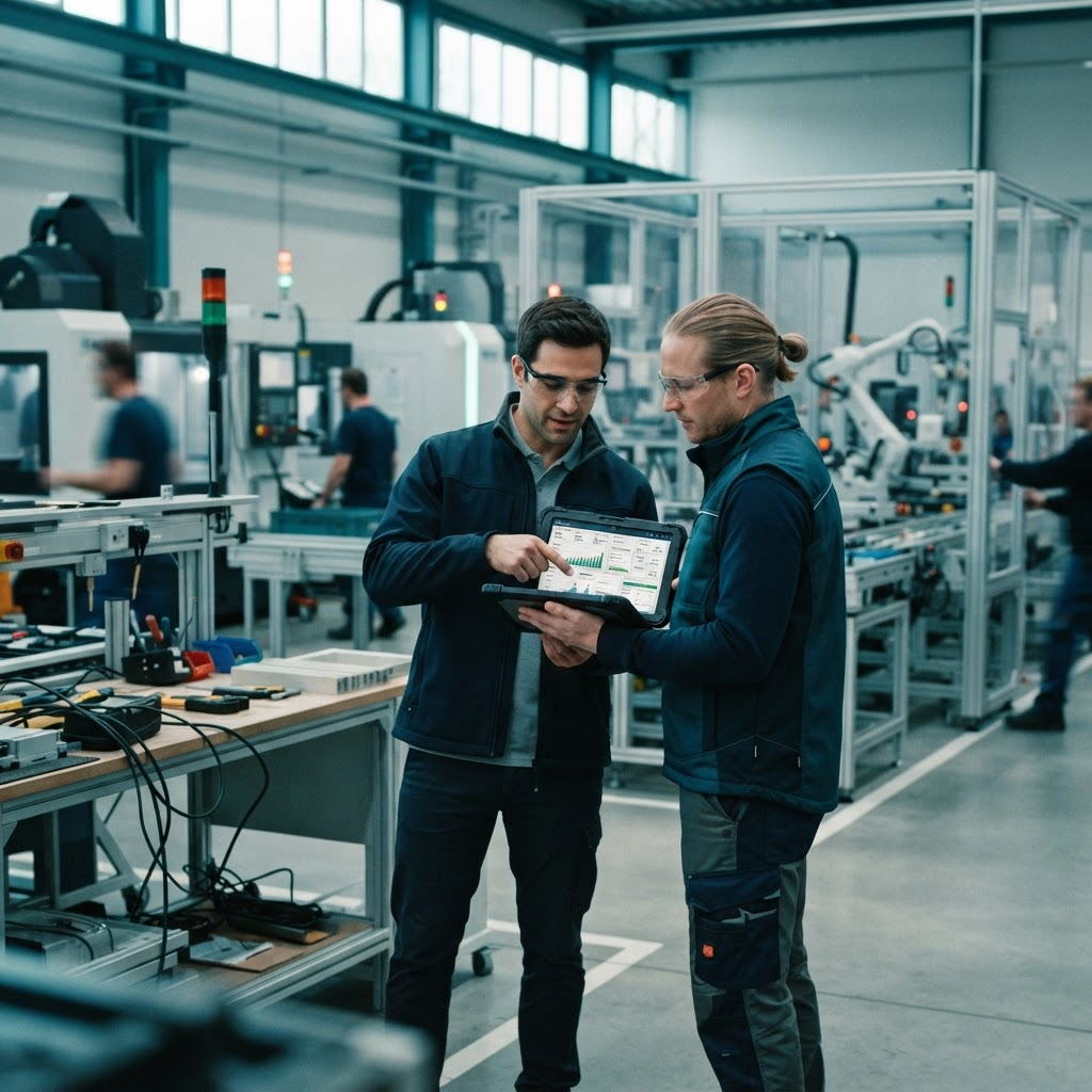 Manufacturing operations engineers coordinating production and order activity on the factory floor