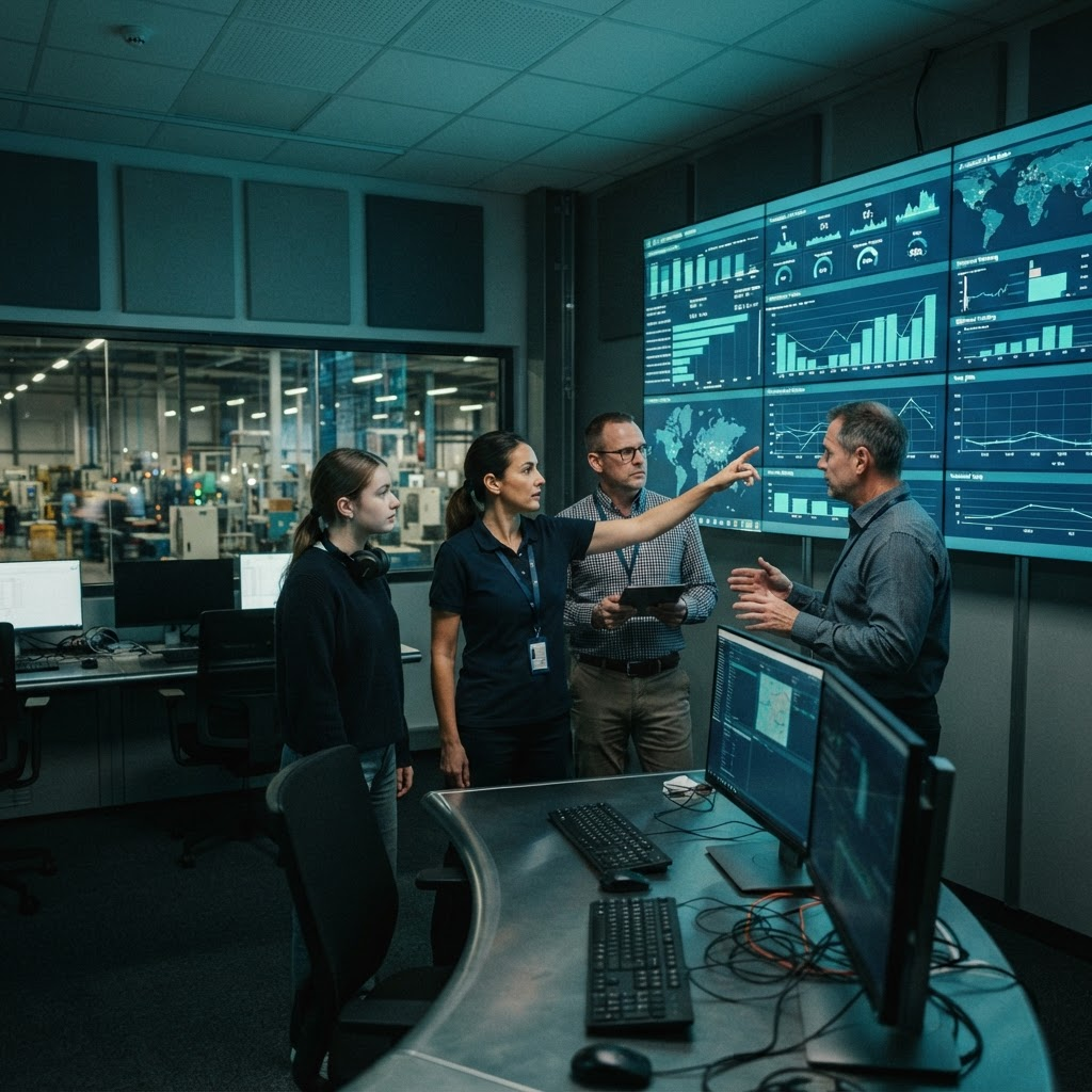 Manufacturing operations team reviewing production and logistics activity together in an operations office