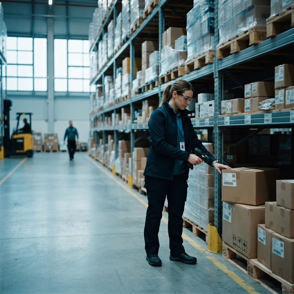 Warehouse worker using a handheld scanner near organized inventory racks