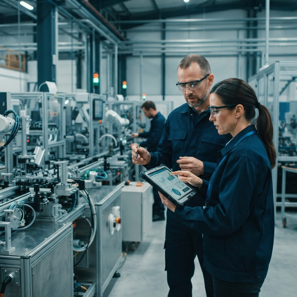 Manufacturing engineers coordinating active production operations on the factory floor