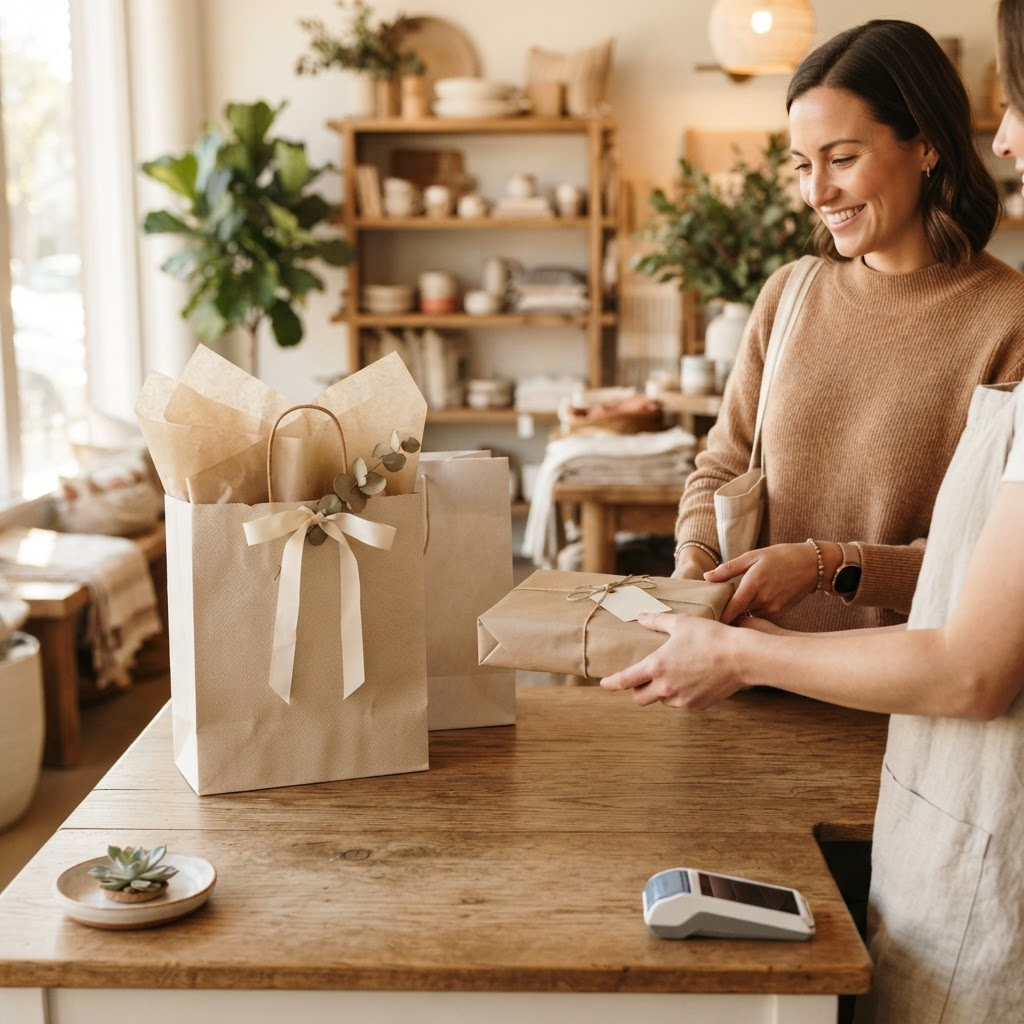 Wrapped purchase and shopping bags on a warm wooden retail checkout counter