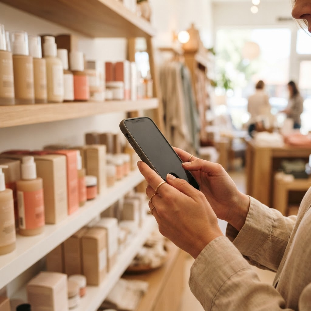 Customer using a smartphone while shopping among warmly lit retail shelves