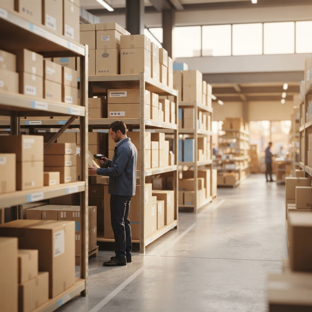 Organized retail fulfillment warehouse aisle with neatly stacked cartons
